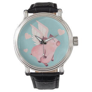 Cute Flying Pig with Wings When Pigs Fly Teal Watch