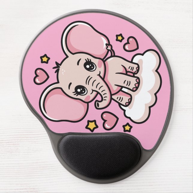  Cute Flying Pink Elephant -Whimsical Stars Hearts Gel Mouse Pad (Front)