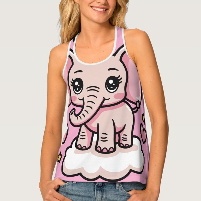  Cute Flying Pink Elephant -Whimsical Stars Hearts Tank Top (Front)