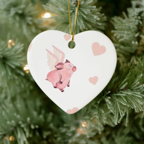 Cute Flying Pink Pig with Wings Ceramic Ornament