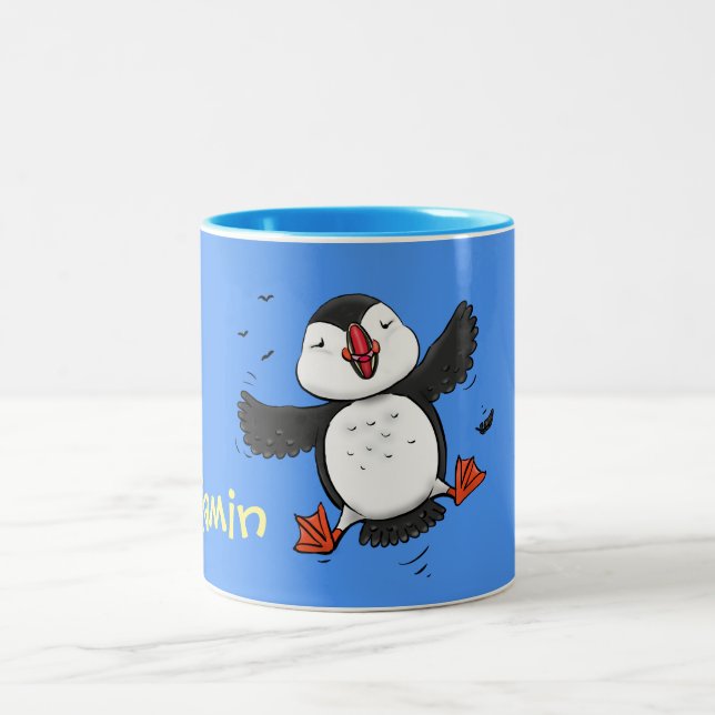 Cute flying puffin cartoon illustration Two-Tone coffee mug (Center)