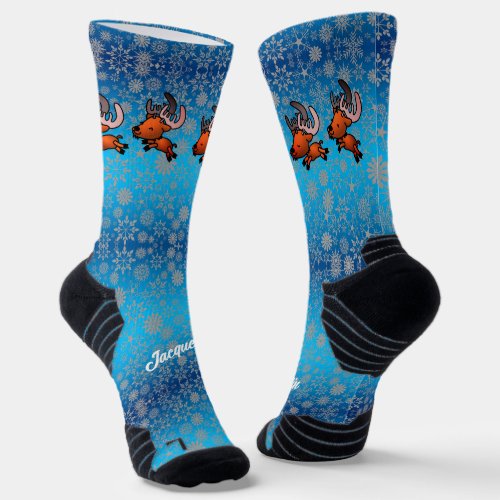 Cute Flying Reindeer and Snow on Blue Socks
