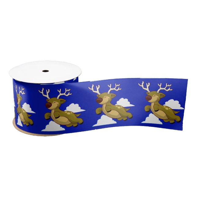 Cute Flying Reindeer White Clouds on Blue Satin Ribbon (Spool)