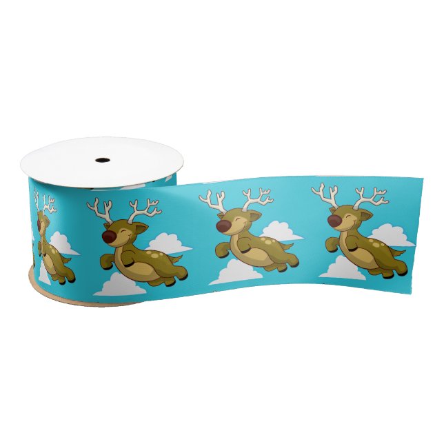 Cute Flying Reindeer with White Clouds Satin Ribbon (Spool)