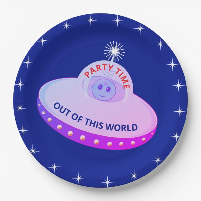 Cute flying saucer, alien & stars on royal blue paper plates (Front)