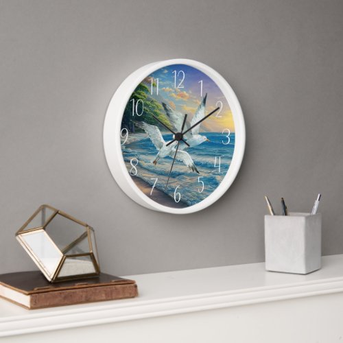 cute flying seagull lovers beach house  clock