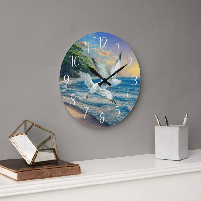 cute flying seagull lovers beach house  large clock (Office)
