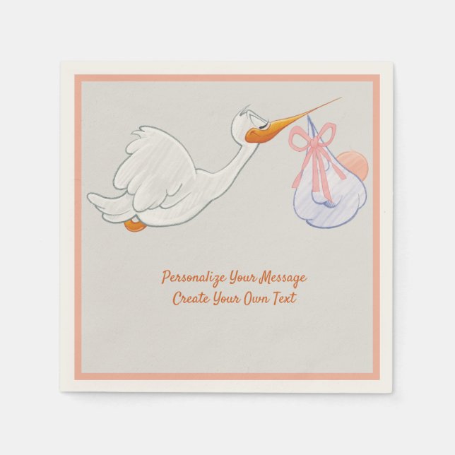 Cute Flying Stork with Pink Baby Bundle Napkins (Front)