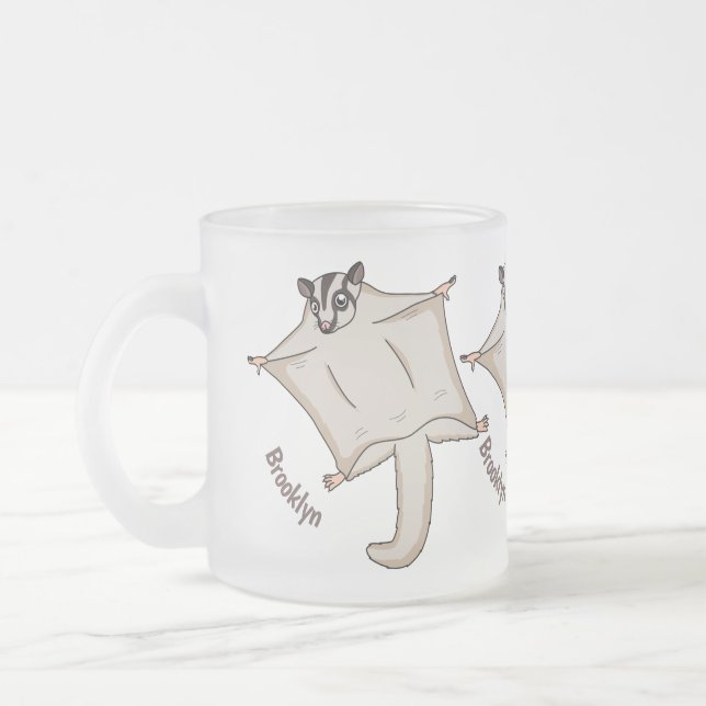 Cute flying sugar glider cartoon illustration frosted glass coffee mug (Left)