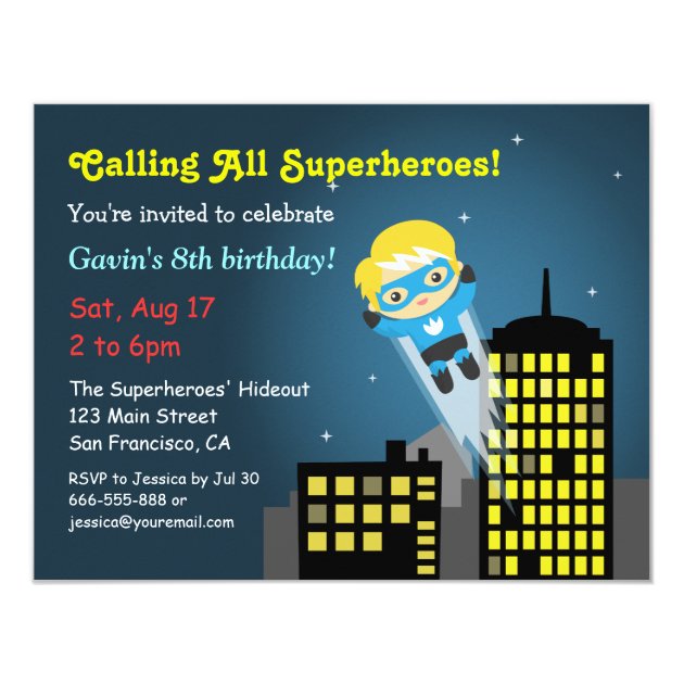 Cute Flying Superhero Birthday Party Invitation