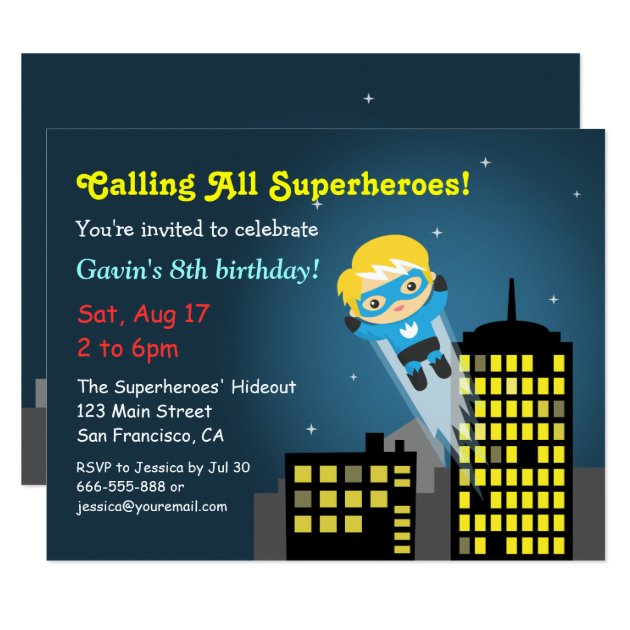 Cute Flying Superhero Birthday Party Invitation