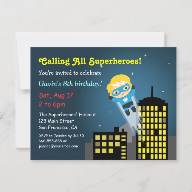 Cute Flying Superhero Birthday Party Invitation (Front)