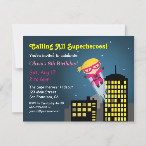 Cute Flying Superhero Girl Birthday Party Invitation