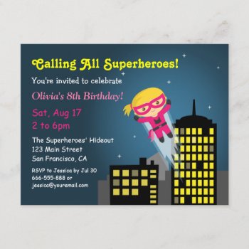 Cute Flying Superhero Girl Girls Birthday Party Invitation by RustyDoodle at Zazzle