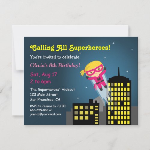 Cute Flying Superhero Girl Girls Birthday Party Invitation