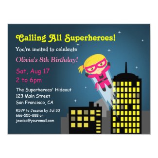 Cute Flying Superhero Girl Girls Birthday Party Invitation