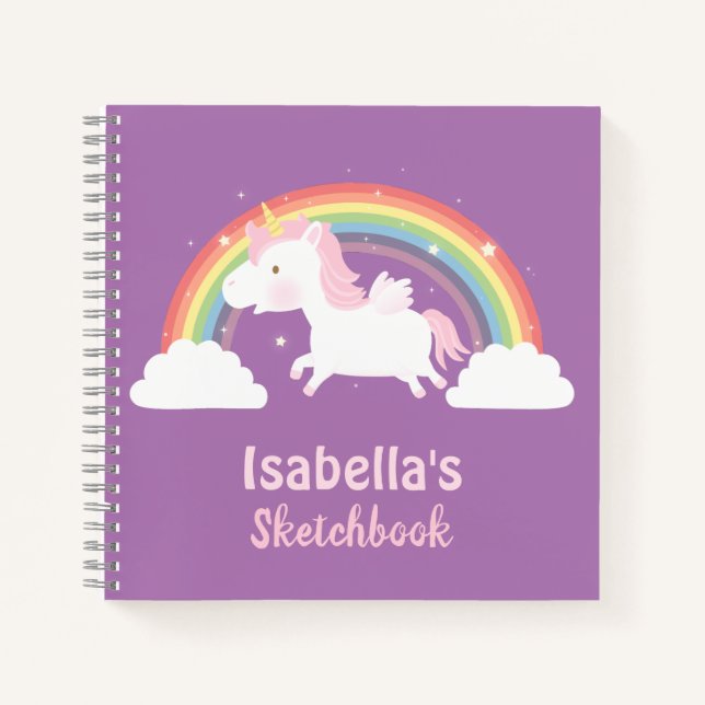 Cute Flying Unicorn and Rainbow Girls Sketchbook Notebook (Front)