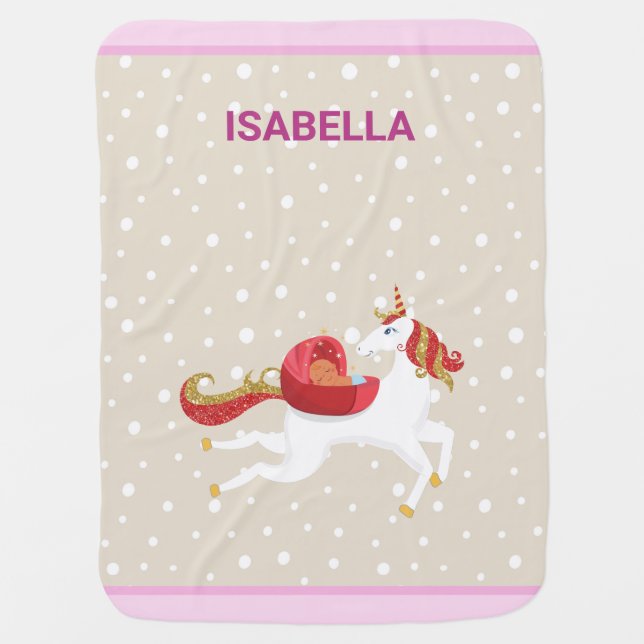 Cute Flying Unicorn Brown Baby Personalized Name Baby Blanket (Front)