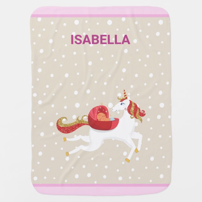 Cute Flying Unicorn Brown Baby Personalized Name Blanket (Front)