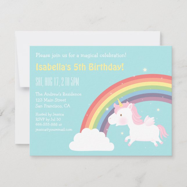 Cute Flying Unicorn Rainbow Girls Birthday Party Invitation (Front)