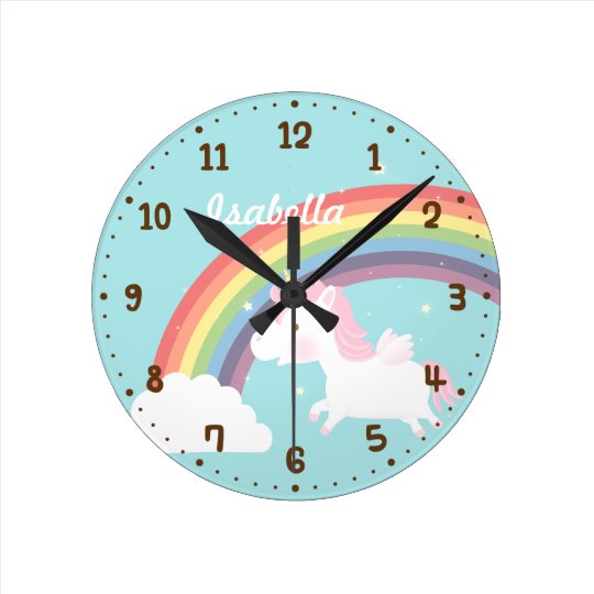 Cute Flying Unicorn Rainbow Girls Room Decor Round Clock