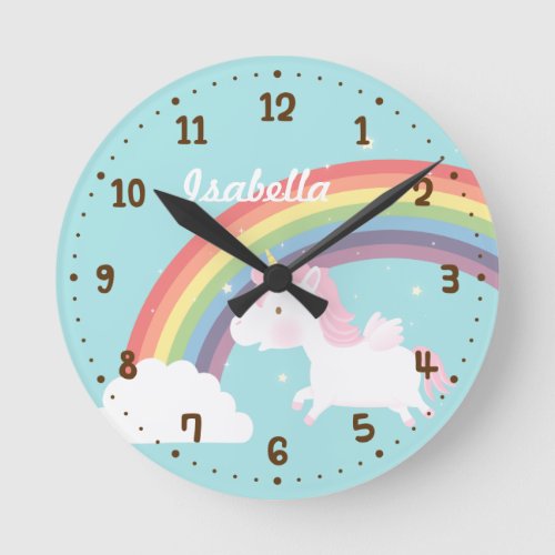 Cute Flying Unicorn Rainbow Girls Room Decor Round Clock