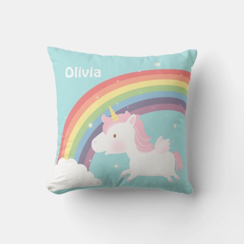 Cute Flying Unicorn Rainbow Girls Room Decor Throw Pillow