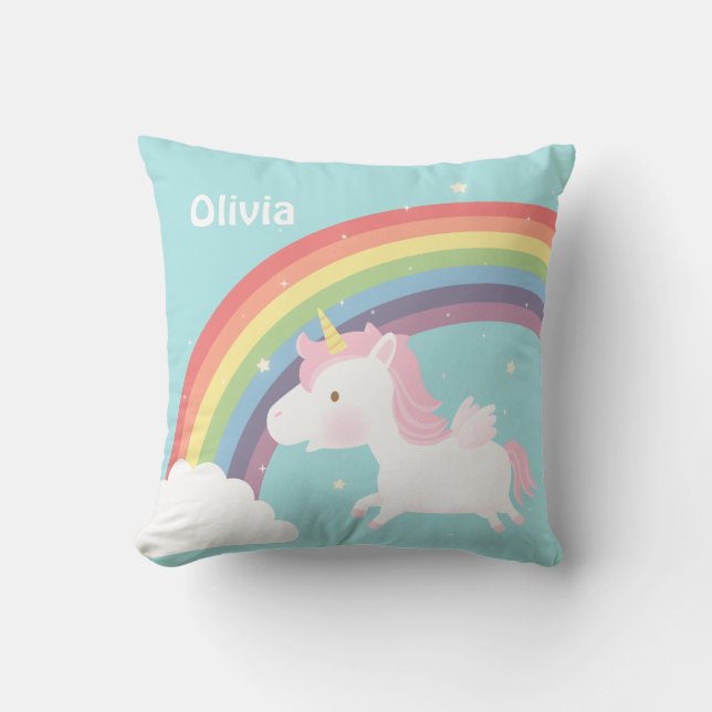 Cute Flying Unicorn Rainbow Girls Room Decor Throw Pillow (Front)