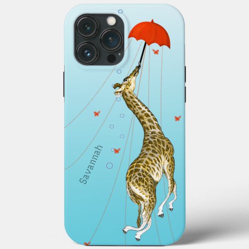 Cute Flying Vintage Giraffe with Umbrella on Aqua iPhone 13 Pro Max Case