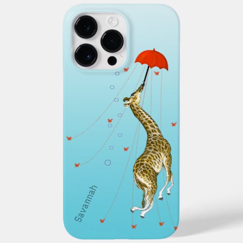 Cute Flying Vintage Giraffe with Umbrella on Aqua Case_Mate iPhone 14 Pro Max Case