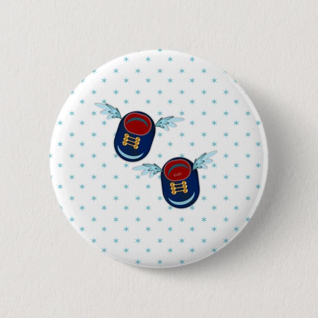Cute flying winged little baby shoes in blue & red button (Front)
