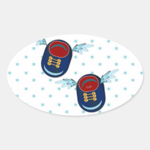 Cute flying winged little shoes in blue & red oval sticker