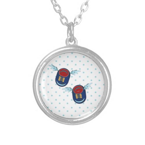 Cute flying winged little shoes in blue  red silver plated necklace