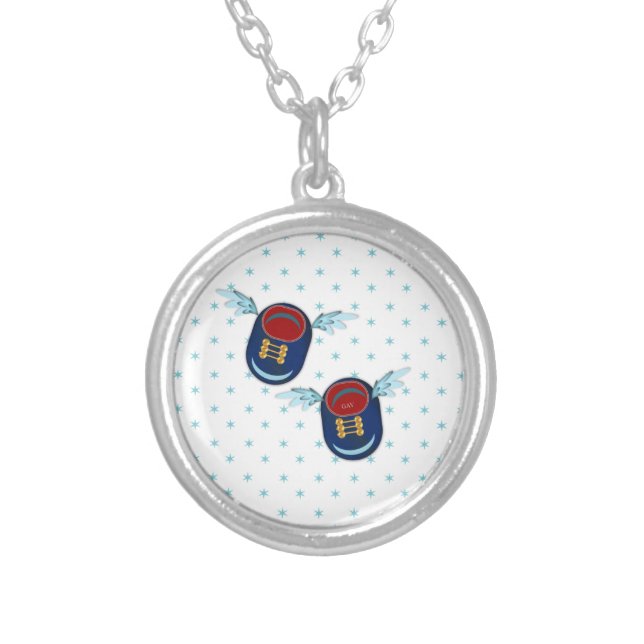 Cute flying winged little shoes in blue & red silver plated necklace (Front)