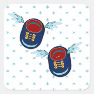 Cute flying winged little shoes in blue & red square sticker