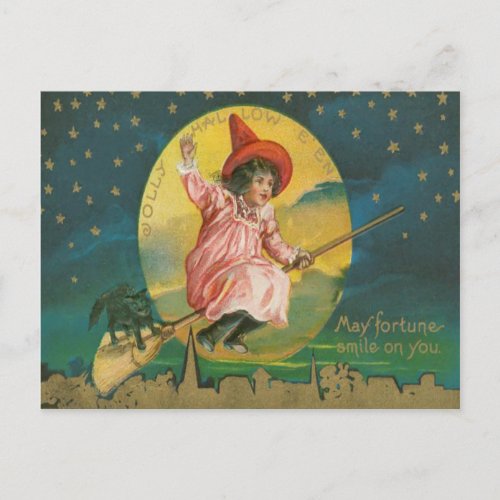 Cute Flying Witch Black Cat Full Moon Postcard