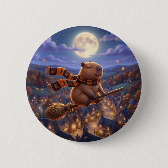 Cute Flying Witch Broom Capybara Button Pin (Front)