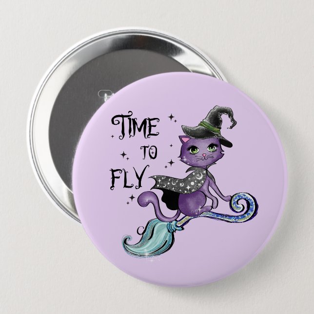 Cute Flying Witch Cat | Time To Fly Button (Front & Back)