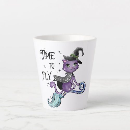 Cute Flying Witch Cat  Time To Fly Latte Mug