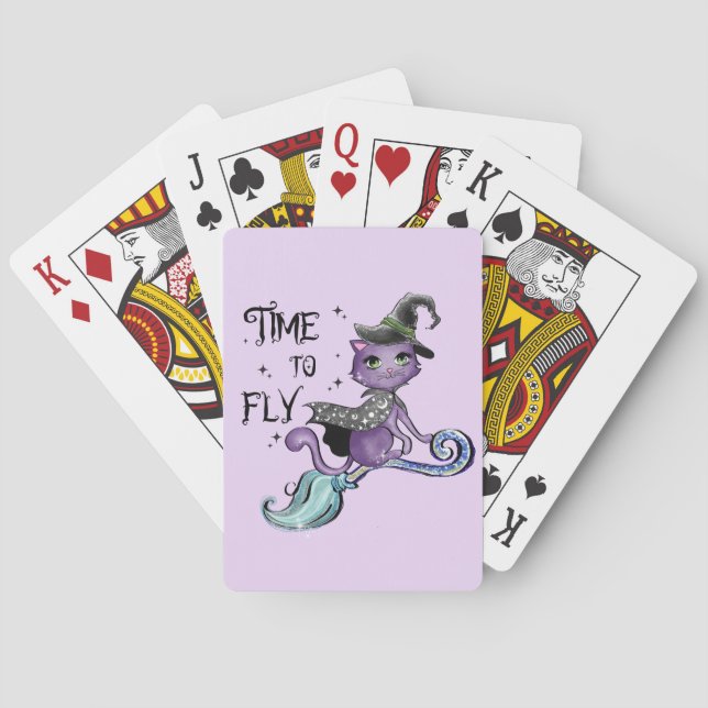 Cute Flying Witch Cat | Time To Fly Poker Cards (Back)