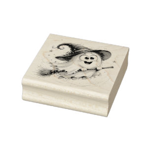 Cute Flying Witch Ghost Halloween Rubber Stamp