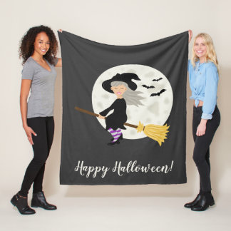 Cute Flying Witch Girl Halloween Illustration Fleece Blanket