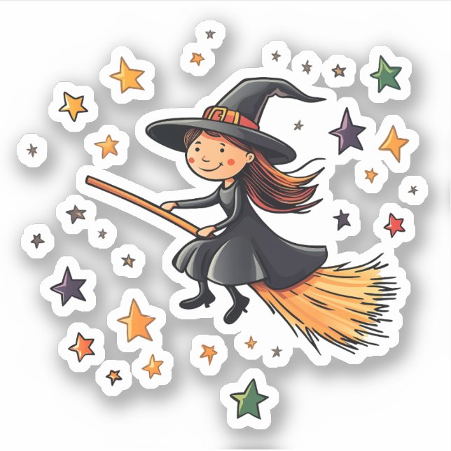 Cute Flying Witch with Stars Sticker (Front)