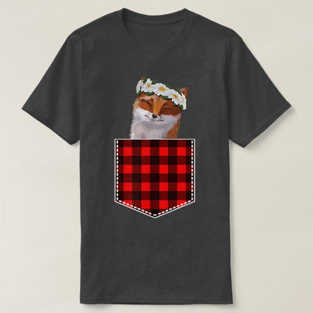 Cute Fo With Sunflowers Peeking Out Of Pocket  T-Shirt (Design Front)