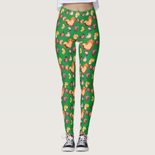 Cute Foil Textured Heart Plaid Pattern Green Leggings