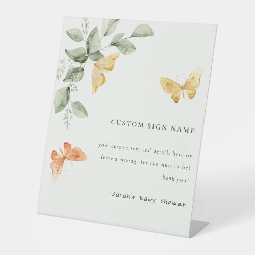 Cute Foliage Butterflies Baby Shower Custom Party Pedestal Sign