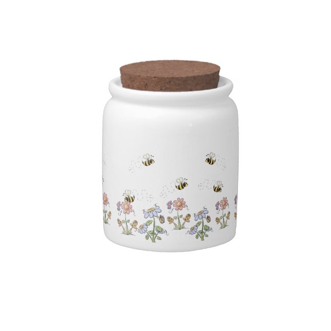 Cute Folk Art Bees Daisies Butterflies Candy Jar (Front)