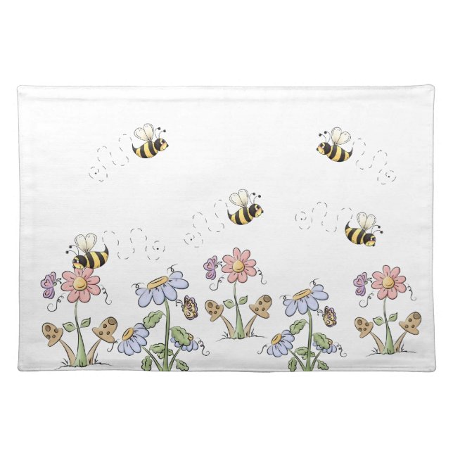 Cute Folk Art Bees Daisies Butterflies Cloth Placemat (Front)
