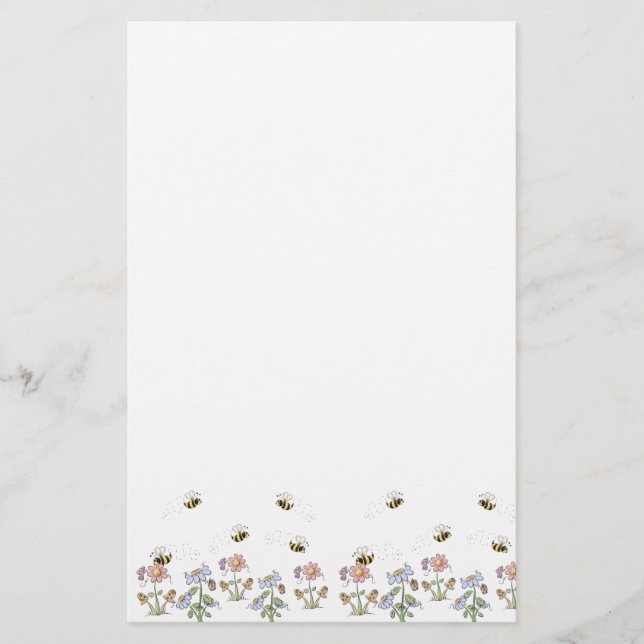 Cute Folk Art Bees Daisies Butterflies Stationery (Front)