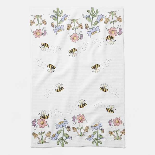 Cute Folk Art Bees Daisies Butterflies Towel (Vertical)